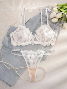 1 Conjunto de lencería para mujer de unicolor con cierre delantero de encaje, copa delgada sin aros y cómoda - Blanco - Ver 1