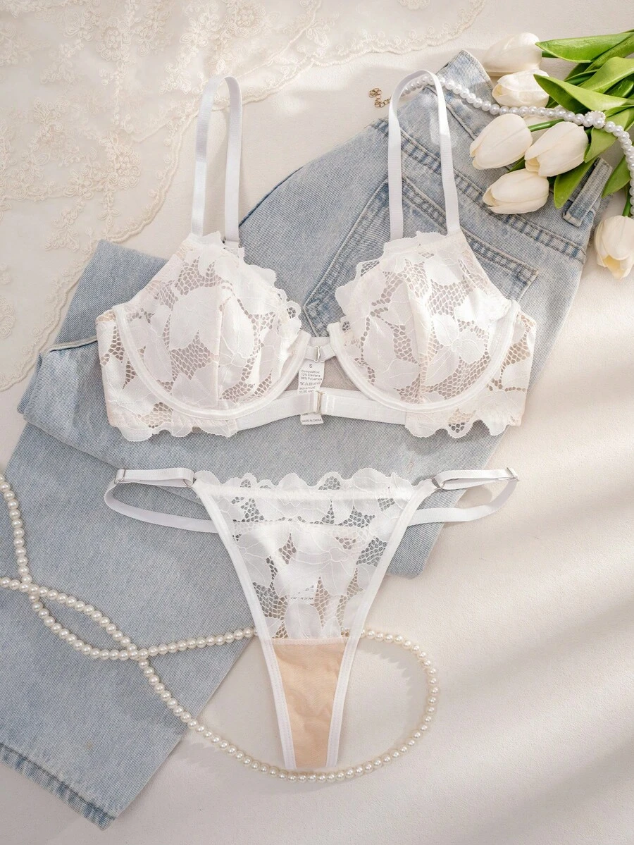 1 Conjunto de lencería para mujer de unicolor con cierre delantero de encaje, copa delgada sin aros y cómoda - Blanco - Ver 1