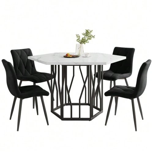 Ensemble table et chaises de salle à manger (5 pièces), table hexagonale moderne en marbre + 4 chaises de salle à manger en velours pour créer un restaurant chaleureux et moderne - Noir - Voir 1