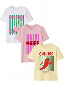 Bộ 3 áo thun nữ mùa hè cổ tròn tay ngắn, họa tiết sọc dọc và chữ in. - Hồng - Xem 6