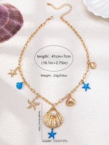 1pc Gold Tone Ocean Theme Necklace, Faux Pearl Seashell Starfish Pendant Chain, Summer Beach Vacation Jewelry For Women - Gold - View 4