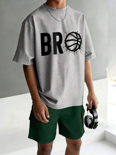 2件套青少年男孩“兄弟”篮球T恤和卡其色短裤套装，休闲装，适合与朋友外出、休闲、夏季穿着