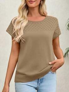 Womens Crochet Knit Short Sleeve Sweater Top Crewneck Summer Casual Pullover Shirts - Khaki - View 3