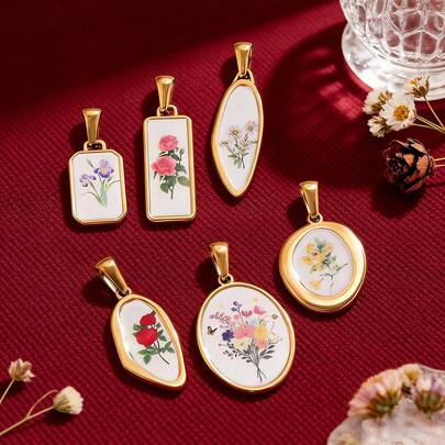 قلادة معلقة بطبعة زهرية مطلية بالذهب عيار 18 قيراط من الفولاذ المقاوم للصدأ 304، طراز هندسي عتيق للزهور، شارم لصنع المجوهرات كالقلائد والأساور، مقاوم للحساسية ومقاوم للتلف