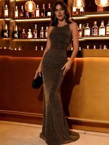 Đầm maxi đuôi cá không tay cổ tròn dành cho nữ, thanh lịch và quyến rũ, thích hợp cho tiệc cocktail hoặc đám cưới, có đuôi dài. - Vàng - Xem 4