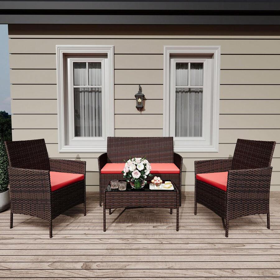 4-Piece Outdoor Furniture Set, PE Rattan Wicker Chairs With Soft Cushions & Tempered Glass Coffee Table - All-Weather Patio Set For Garden, Backyard, Porch, Poolside - Brown/Red - View 1