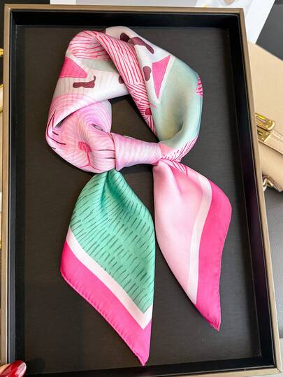 1pc Women's Elegant Vintage Cat Printed Thin Style Satin Square Faux Silk Scarf,Boho Vintage Casual Women's Neck Scarf,Shawl,Light And Thin Comfortable Women's Bandana,For Daily Wear And Outing In Spring And Summer