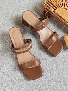 Giày sandal cao gót màu đen dành cho nữ, kiểu dáng thanh lịch mùa hè, chất liệu giả da lộn, hở mũi, gót chunky, quai ngang mắt cá chân. - màu nâu - Xem 5
