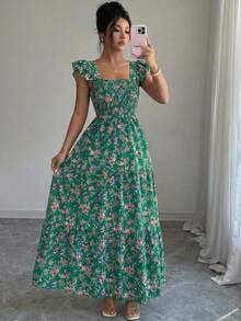 Summer Square Neck Backless Smocked Floral Dress Women's Sleeveless Ruffle Trim Tiered Cami Midi Beach Vacation Dress - màu xanh lá - Xem 3