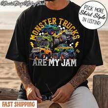Monster Trucks Are My Jam Shirt, Monster Truck Boy Tee, Kids Truck T-Shirt, Gift For Boy Easter Urban Vibes Men'S Casual T-Shirt Loose-Fit Round Neck Design With Stylish Print, Perfect For Daily Wear. - Black - View 1