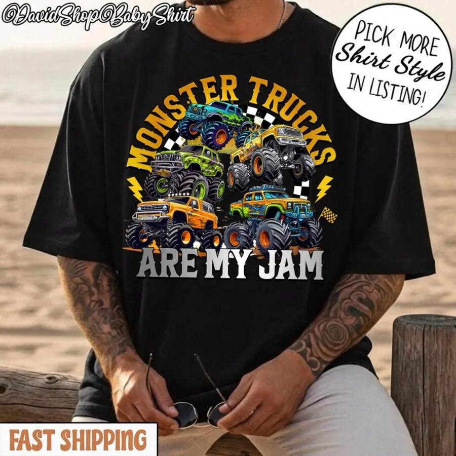 Monster Trucks Are My Jam Shirt, Monster Truck Boy Tee, Kids Truck T-Shirt, Gift For Boy Easter Urban Vibes Men'S Casual T-Shirt Loose-Fit Round Neck Design With Stylish Print, Perfect For Daily Wear. - Black - View 1