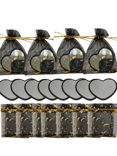 Black Wedding Mirror Set, Includes Star & Moon Pattern Organza Bag And Heart-Shaped Mirror. Suitable For Wedding Parties, Bridesmaid Gifts, Birthday Parties, Mother's Day And Other Occasions.