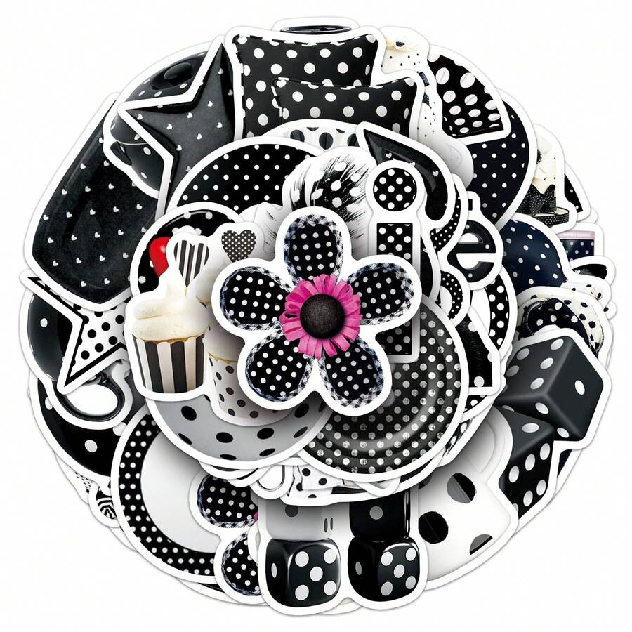 50PCS Black And White Polka Dot Ins Style Series Graffiti Stickers Self-Adhesive Graffiti Stickers, Suitable For DIY Water Cup, Handbooks, Skateboards, Luggage, Helmets, Etc - Square - View 1