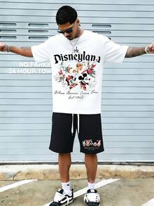 Disney Mickey Mouse "Disneyland" Graphic T-Shirt & Shorts Set, Retro Disney Character Casual Outfit For Men - trắng - Xem 1