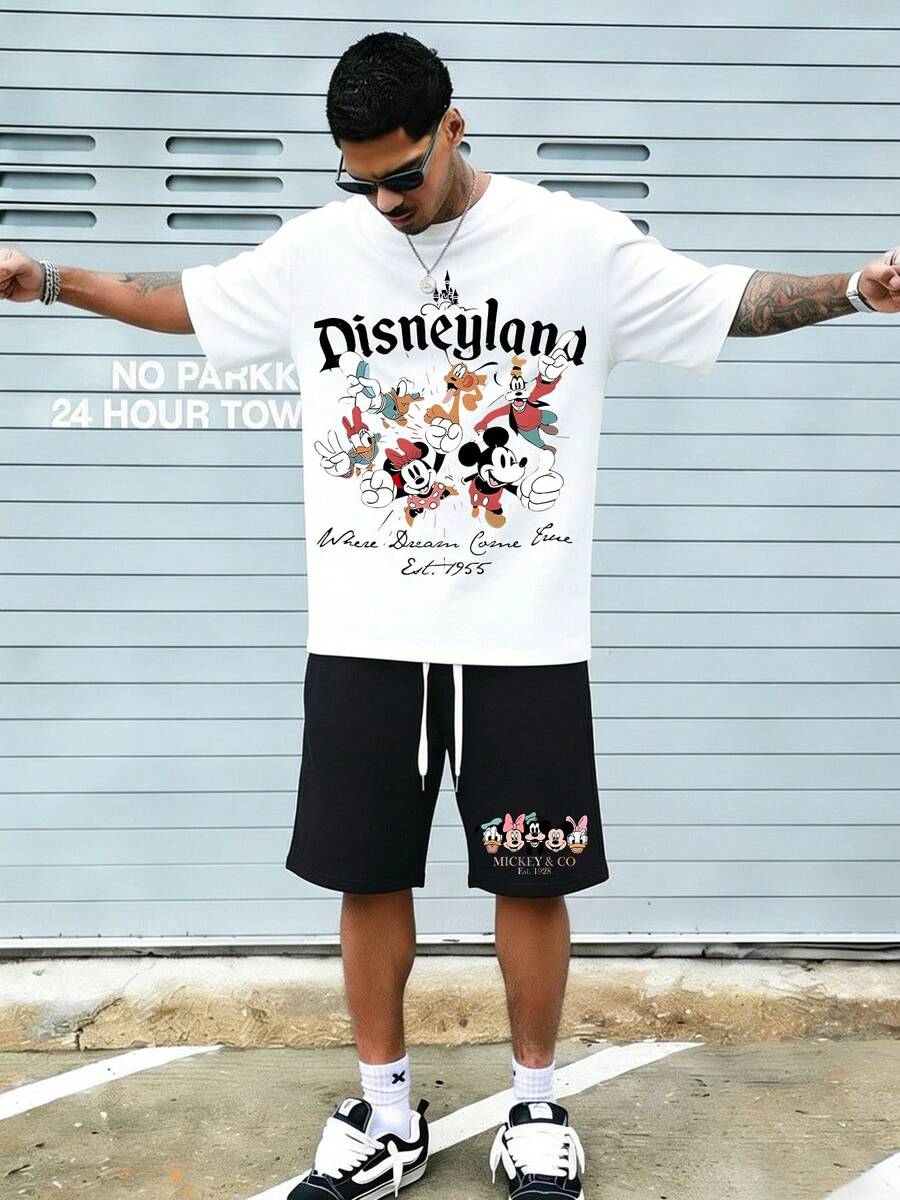 Disney Mickey Mouse "Disneyland" Graphic T-Shirt & Shorts Set, Retro Disney Character Casual Outfit For Men - trắng - Xem 1
