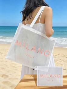 2件組「MILANO ITALY」印花網眼托特包套裝，大容量白色網眼沙灘包附配套化妝包，透氣透明肩背包，適合海灘與旅行，夏季度假、購物及日常使用之理想選擇，適用於女性、青少年與時尚愛好者，春假、海灘旅行與送禮之完美之選，可作為沙灘托特包、購物袋及化妝收納袋等多功能使用 - 彩色 - 查看 11