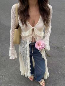 HoloChill Women's Sexy Bohemian Style Mid-Length Sheer Knit Kimono Cardigan, Women's Summer Outfit, Festival Wear, Party Outfit, Beach Vacation Outfit, Elegant Blouse, Women's Casual Outfit - Beige - View 2