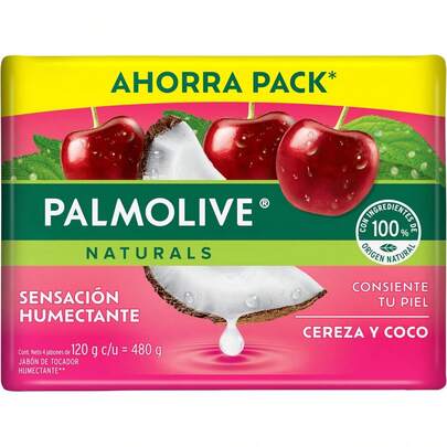 Palmolive Jabón de Baño Naturals Cereza y Coco en Barra 4 x 120 g. Con Ingredientes de Origen 100% Natural.Sensación Humectante y Fabricado Responsablemente.Consiente tu Piel
