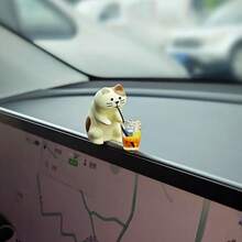 2pcs Cute Cat Car Decor, Resin Japanese Style Cat Ornament, Healing Decoration For Car Interior, Desk, Home, Micro Landscape, Back To School Season - Cat Drinking Beverage - View 7
