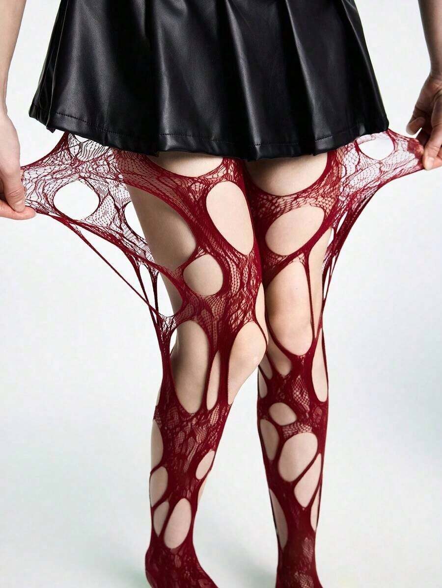 ROMWE Goth Sexy Lady Ripped Fishnet Black Tights - 黑色 2 - 查看 1