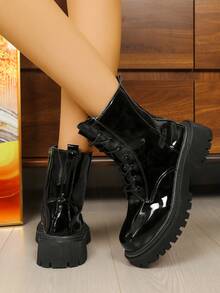 厚底英伦风米色亮面拉链短靴，百搭复古秋冬靴，适合青少年和女士，极其时尚的踝靴 - 黑色 - 查看 3