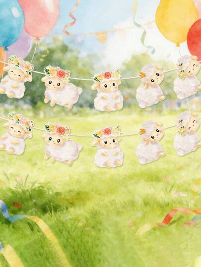 2个宰牲节羔羊旗帜装饰品，可爱卡通羔羊旗帜，节日装饰纸质挂饰，室内外装饰，节日生日婚礼派对用品