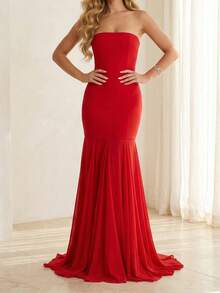 优雅红色无袖网纱装饰浪漫派对长裙，女士款，采用略带弹性的聚酯纤维面料，适合婚礼和春季穿着。 - 紅色 - 查看 5