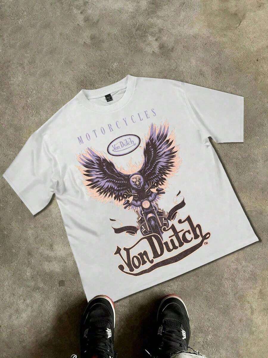 Biker T Shirts Men, Van Dutch Motorcycles Eagle Winged Bike Distressed Print, 180g Cotton Crew Neck Short Sleeve T-Shirt, Loose Fit, Moto Streetwear, Vintage Gothic Aesthetic, Big And Tall, Free Shipping - 白色 - 查看 1