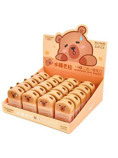 13件套（铅笔刀+泰迪熊铅笔）可爱二合一铅笔刀橡皮擦 - 卡通水豚铅笔刀，手动铅笔刀，塑料铅笔刀，适合女孩、男孩、学生、办公用品（水豚），橡皮擦，二合一铅笔刀，多功能创意礼物，适合学生、老师和爱人在情人节、毕业典礼、返校季、母亲节、节日等场合赠送。