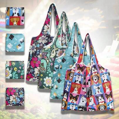 1 Túi mua sắm gấp gọn in họa tiết – Túi gấp gọn bằng polyester dung tích lớn, dễ mang theo – Túi mua sắm tái sử dụng – Vật dụng thiết yếu cho gia đình