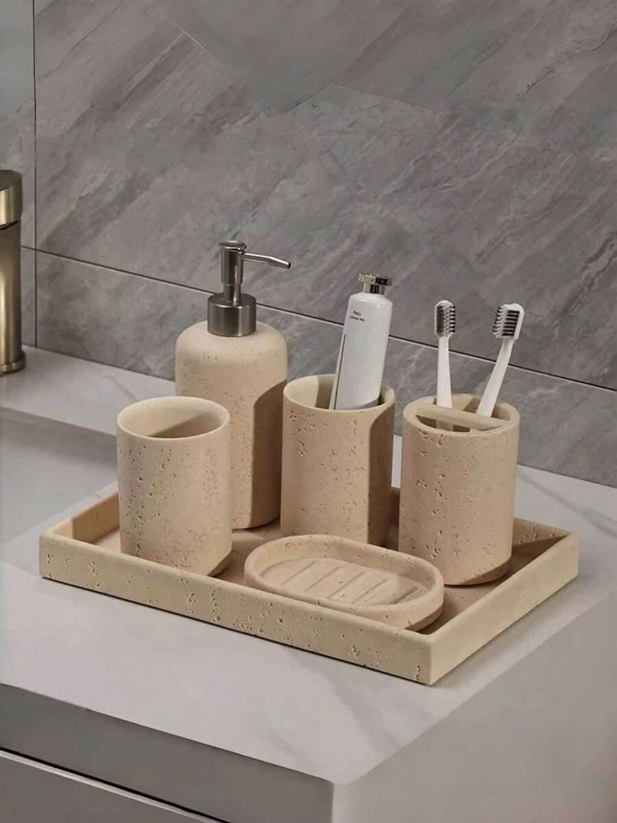 Modern Farmhouse Resin Bathroom Accessory Set, Includes Toothbrush Holder, Soap Dispenser, Vanity Tray, Tumbler, Cotton Swab Jar (Deep Beige) - Multicolor - View 1