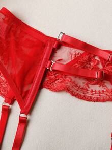 Conjunto de lencería de malla transparente bordada sexy para mujer, sujetador con aros y liguero de 3 piezas - Rojo - Ver 4
