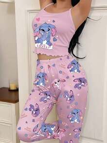 Cute Style Camisole Set: Women's Adorable Bunny Heart Letter "LOVELY" Print Camisole Top And Pants Pajamas Set, 2-Piece Aesthetic Pajama Set. - 混合色 - 查看 6