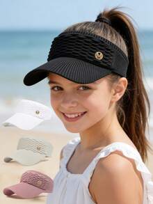 1/2pcs Girls' Solid Color Elastic Sports Sun Hat, Quick-Dry Wide Brim Sun Hat Suitable For Sports, Camping, Cycling, Outdoor Daily Wear - Pleated Hollow Hat - View 1