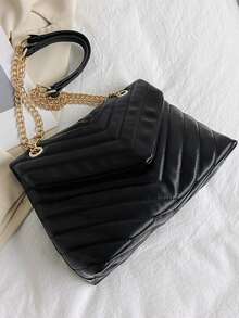 Fashionable Minimalist Rhombus Embroidered Shoulder Bag For Women, Luxury Retro Large Capacity Chain Crossbody Bag, Stylish Commuter Underarm Bag - Black - View 7