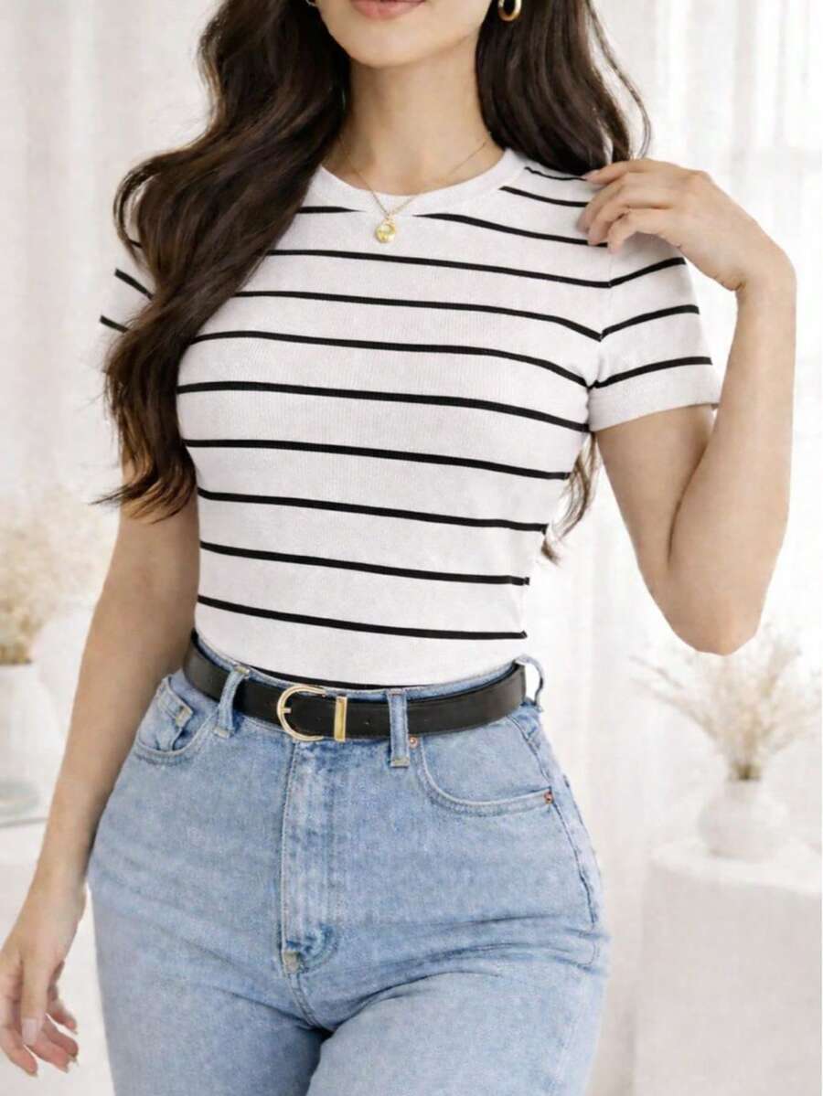 Women's Basic Ribbed Cotton Striped Blouse - White. - View 1