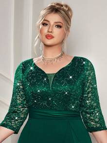 Đầm bodycon dự tiệc cocktail size lớn, cổ chữ V sâu, đính sequin, ren hoa, phối bèo nhún, xẻ tà, đầm dự tiệc cưới, sinh nhật, lễ tốt nghiệp, phong cách thanh lịch - Màu xanh lá cây đậm - Xem 10