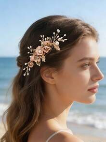 1pc Light Pink Flower & Pearl Handmade Hair Comb Accessory For Women - White - View 3