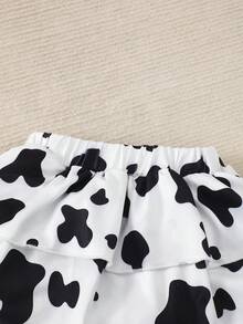 女婴夏季三件套：卡通奶牛印花连体衣、荷叶边裙摆半身裙和发带 - 粉色 - 查看 5