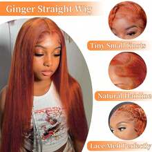 #350 Cor Laranja Gengibre Densidade 200% 13*4 34 Polegadas Peruca Lace Front Reta Cabelo Virgem Brasileiro De Orelha a Orelha Pré-Arrancado HD Transparente Peruca Lace Frontal Reta Sem Cola Pré-Cortada Cabelo Humano Frontal Perucas Para Mulheres Usar e Ir Cabelo Misturado - S350 - Visão 7