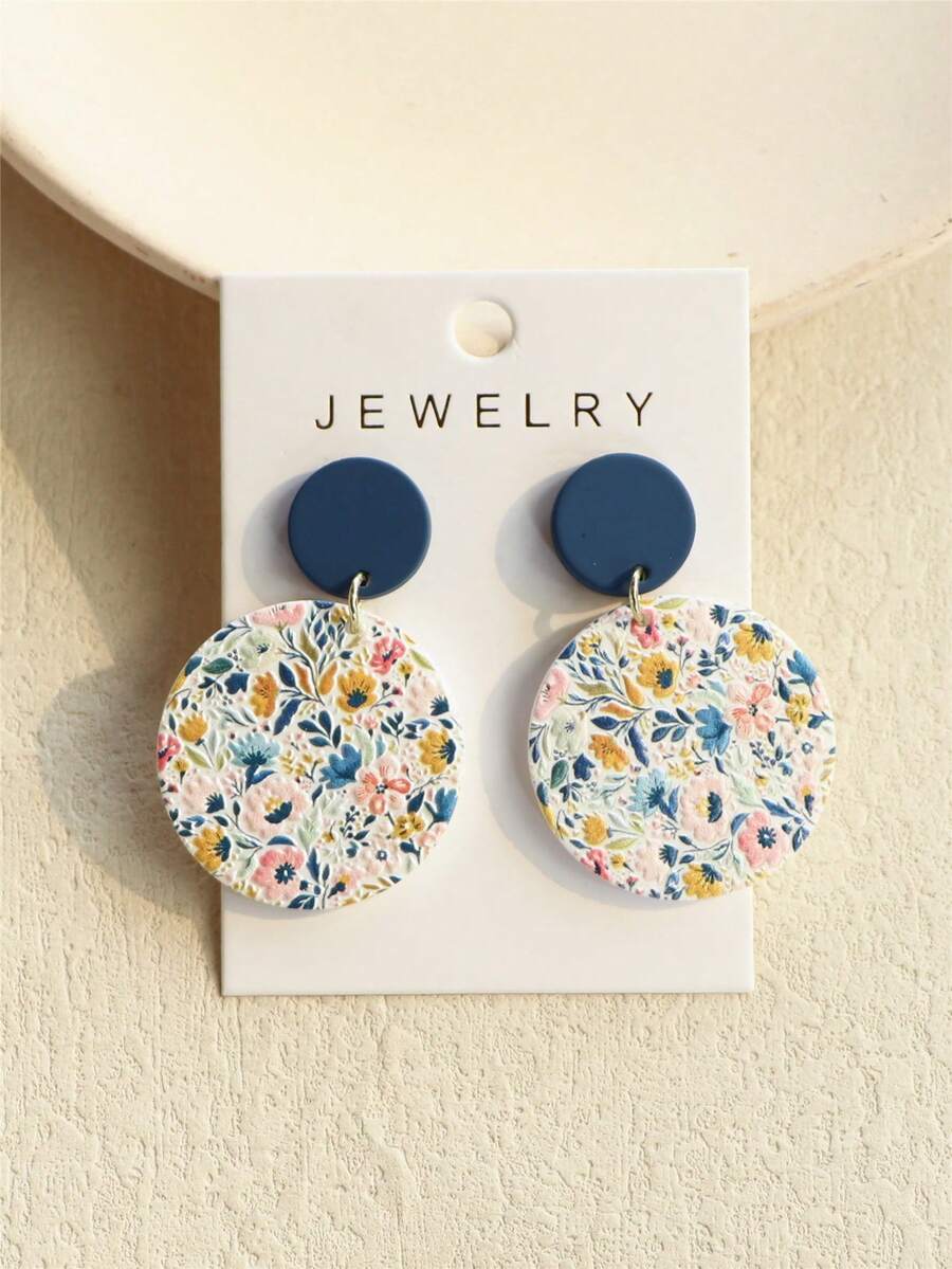 1 Pair Women's Spring/Summer Small Daisy, Blue Flower, Pink Flower Floral Print Ceramic Texture Elegant Cute Fresh Round Acrylic Earrings - Multicolor - View 1