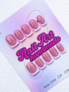 Bộ 10 móng giả vuông thủ công, màu hồng mắt mèo phong cách Y2K cá tính, màu nude và trắng với thiết kế đầu móng kiểu Pháp, phù hợp cho phụ nữ và bé gái, bao gồm dụng cụ, món quà tuyệt vời dành cho phái nữ. - Hồng - Xem 3