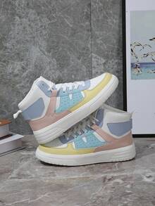 时尚撞色高帮运动鞋,女士款 - 透气孔鞋面,防滑厚底,休闲运动风,适合校园及日常穿着 - 白黃月 - 查看 4