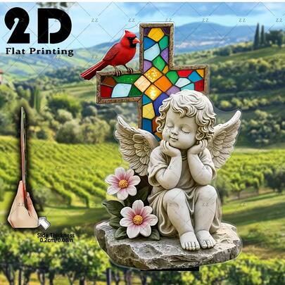 2D扁平十字架和天使装饰品，彩色玻璃效果 - 耐候性强，适用于室内/室外墓地装饰，易于插入地面安装，无需电源，耐用塑料材质