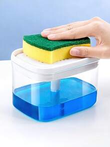 1 pièce Distributeur de savon avec support d'éponge, comprend 1 éponge, forme carrée compacte, accessoire d'évier, distributeur de détergent/liquide pour le lavage des mains, étagère de rangement de cuisine (noir/beige) - multicolore - Voir 2