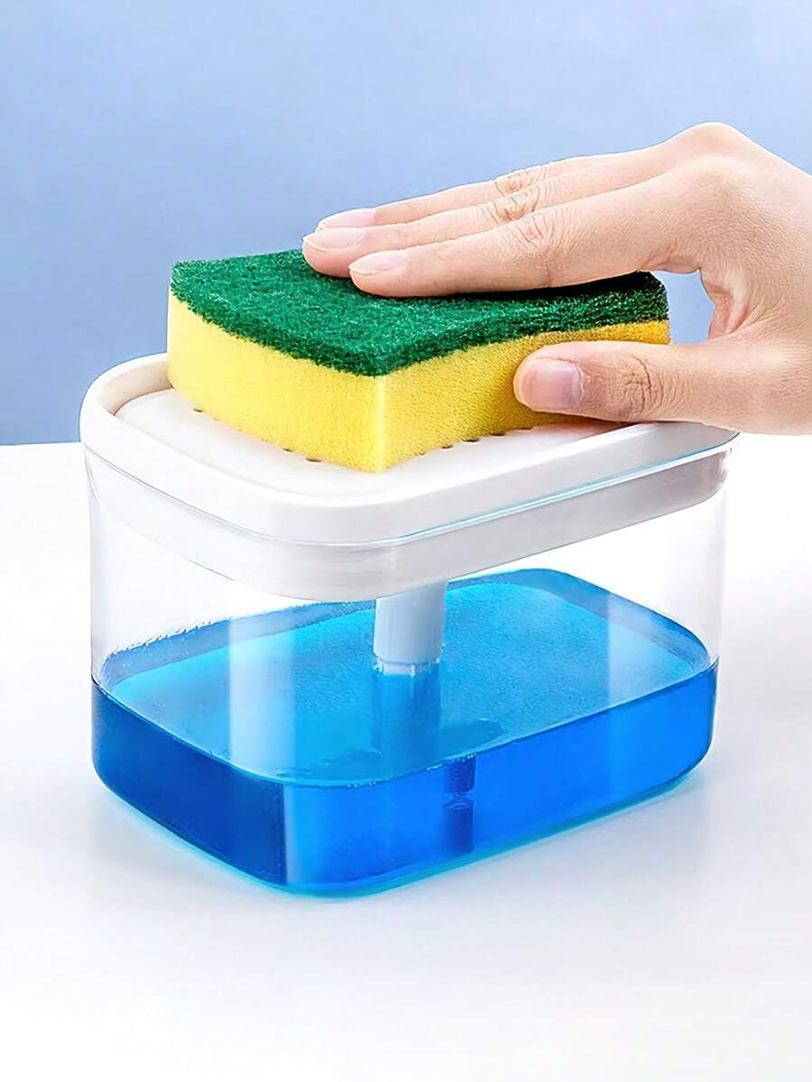 1 pièce Distributeur de savon avec support d'éponge, comprend 1 éponge, forme carrée compacte, accessoire d'évier, distributeur de détergent/liquide pour le lavage des mains, étagère de rangement de cuisine (noir/beige)