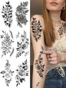 6 Piece Half Arm Flower Temporary Tattoos For Women, Real And Long-Lasting Fake Tattoos, Large Body Marker Tattoos And Hand Tattoo Stickers, Suitable For Adult Neck Arms - Black - View 1