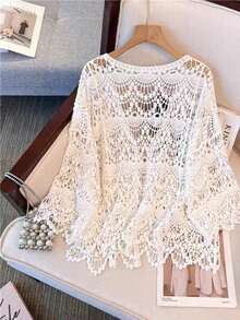 Women's Apricot Tie-Front Cardigan, Hollow Out 3/4 Sleeve Shawl Lace Coverup Vacation White Summer - White - View 4