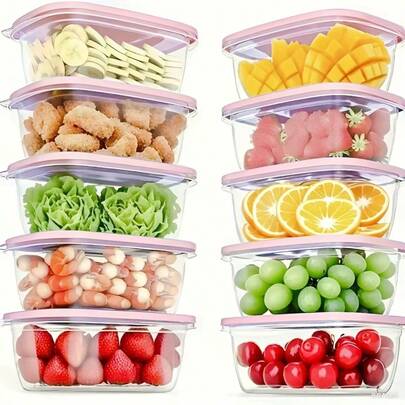 10 hộp đựng thực phẩm xếp chồng được, hộp đựng thực phẩm màu hồng có nắp đậy, hộp cơm trưa bằng nhựa đựng ngũ cốc, thịt, trái cây và rau củ - dùng được trong máy rửa chén và lò vi sóng | Hộp chuẩn bị bữa ăn | Hộp chia khẩu phần | Hộp đựng đồ