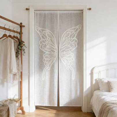 1片法式蕾丝门帘，蝴蝶刺绣，保护隐私，公主风薄纱蕾丝窗帘，适用于厨房、浴室、卧室、门口、走廊，杆袋式顶部